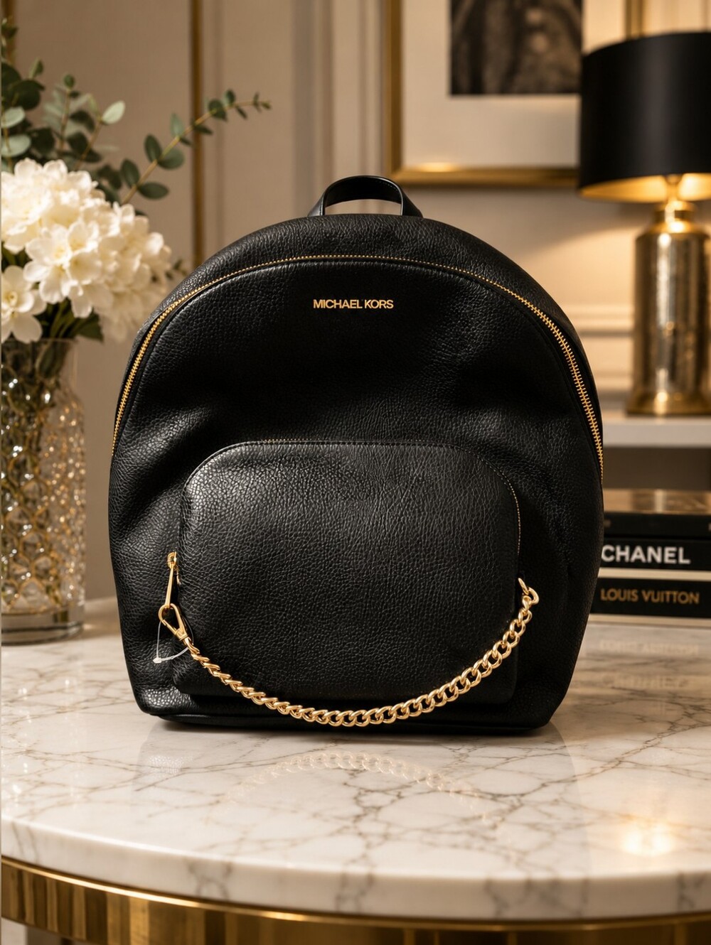 NWT Michael Kors Black  Non Leather Vegan Backpack with Gold Chain Accent
